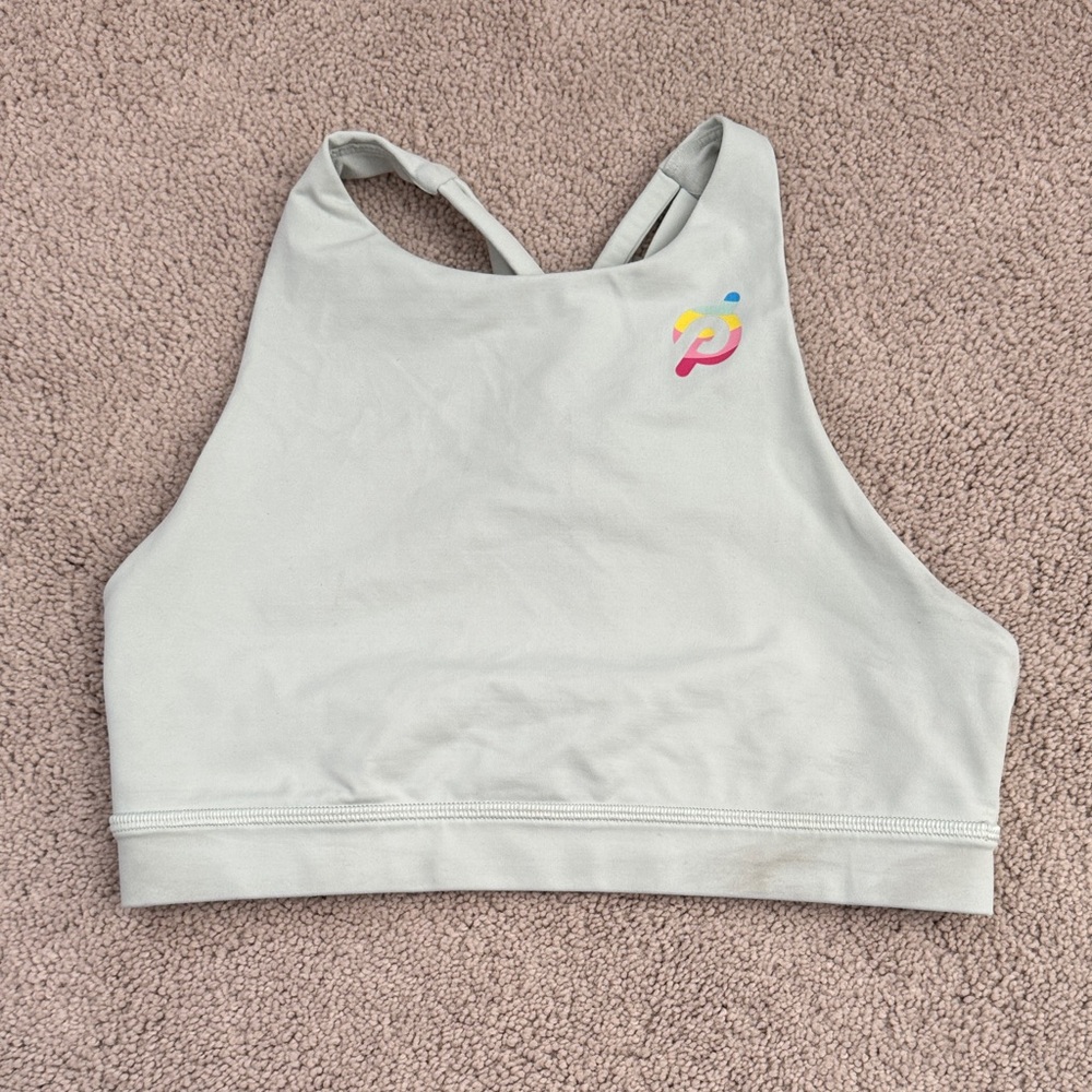 Peloton Light Blue Sports Bra with Colorful Logo